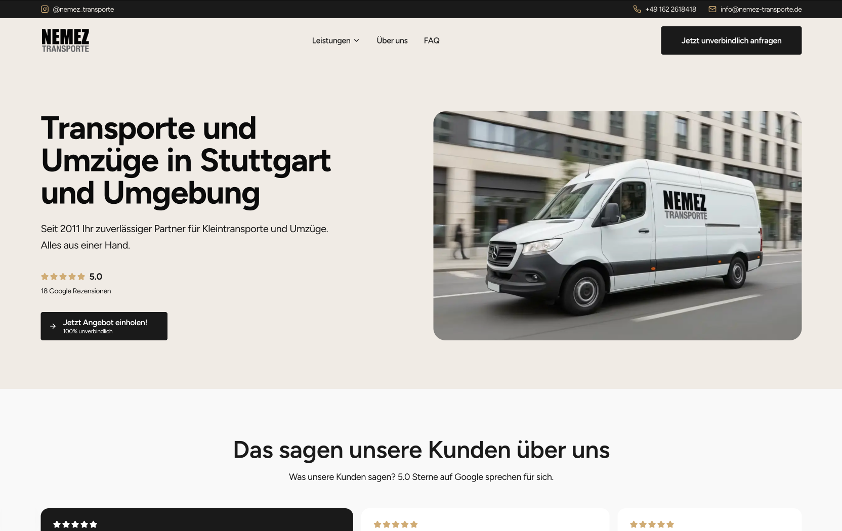 Nemez Transporte website relaunch landing page